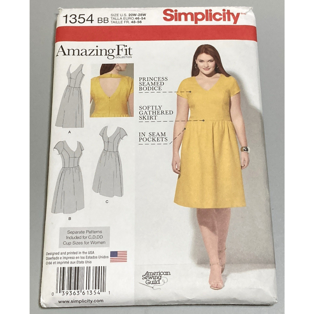 SIMPLICITY Sewing Pattern 1354 Misses Dress 'Amazing Fit' Sz 20W-28W UNCUT